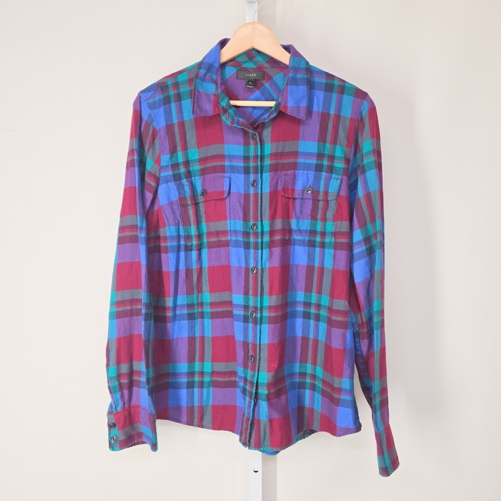J. Crew Women Multi-Color Plaid Flannel Button Down Shirt Size 12 Jewel Tones